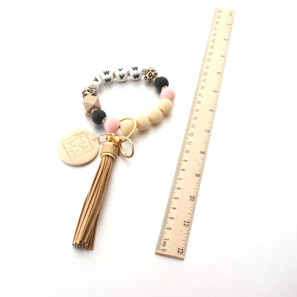 Wholesale Silicone Wooden Beads Leather Tassel MAMA Wrist Keychain