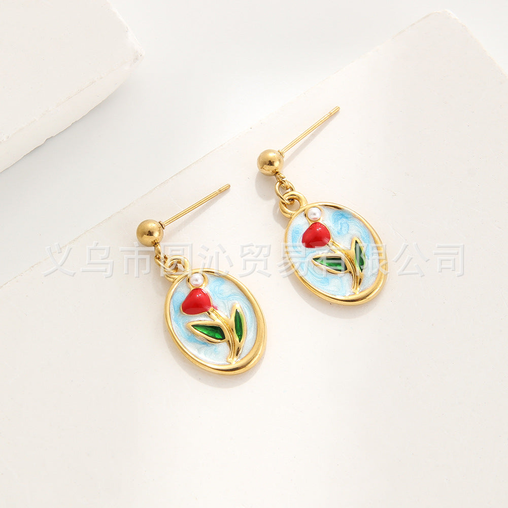 Wholesale Medieval Style Monet Oil Painting Flower Pendant Earrings Necklace Set