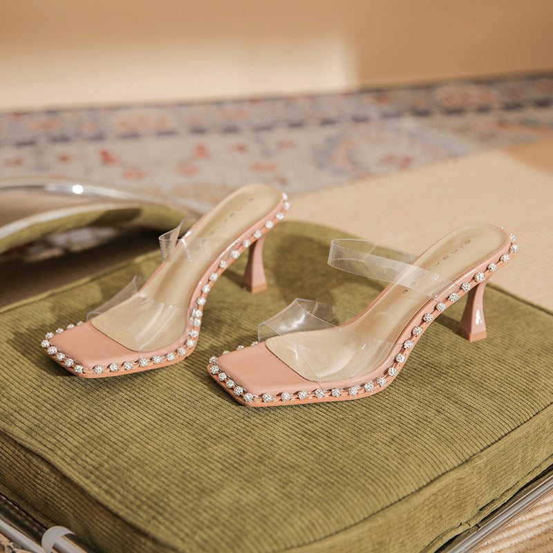 Wholesale square head slippers women's summer wear transparent one-word high-heeled sandals