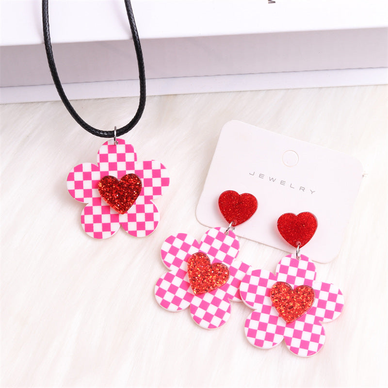 Wholesale Valentine's Day Checkerboard Flower Love Rose Red Lip Acrylic Earrings