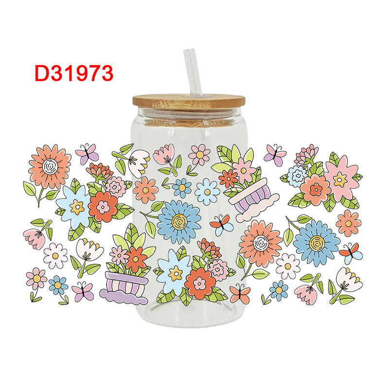 Wholesale Colorful flowers and plants  16oz Cup UV DTF Wraps
