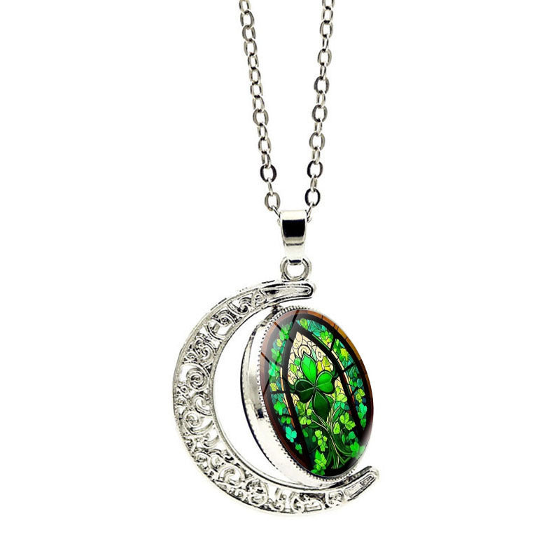 Wholesale St.  Patrick' s Day Lucky Clover Double sided Rotating Moon Necklace