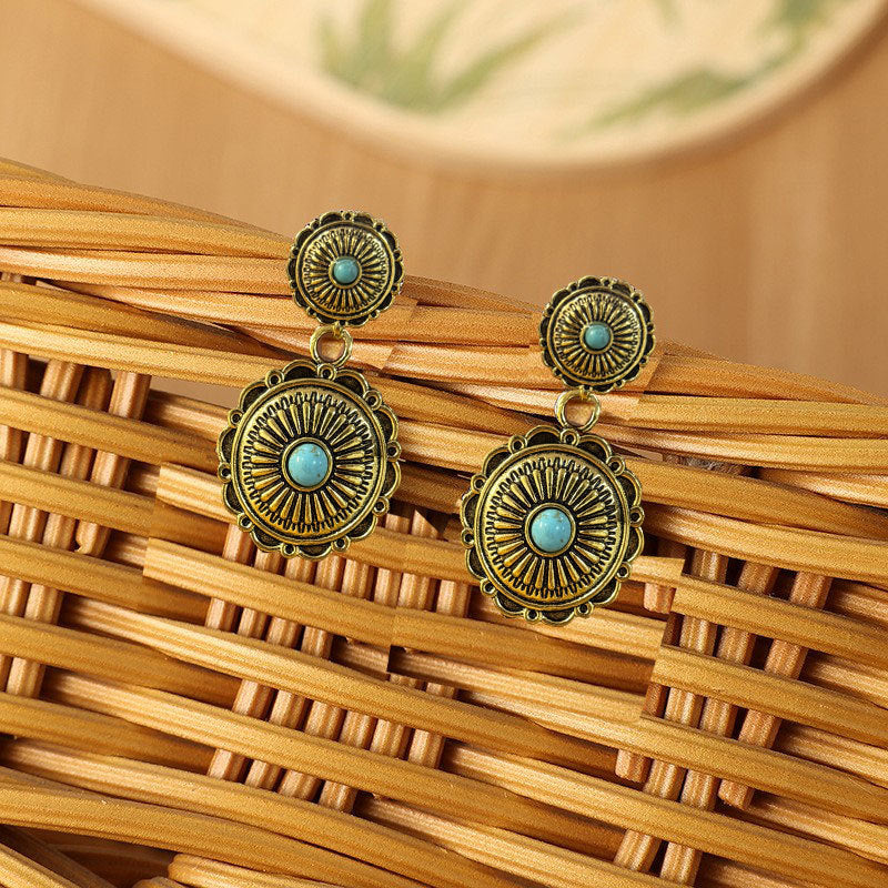Wholesale Gold Pumpkin Flower Inlaid with Turquoise Long Alloy Earrings