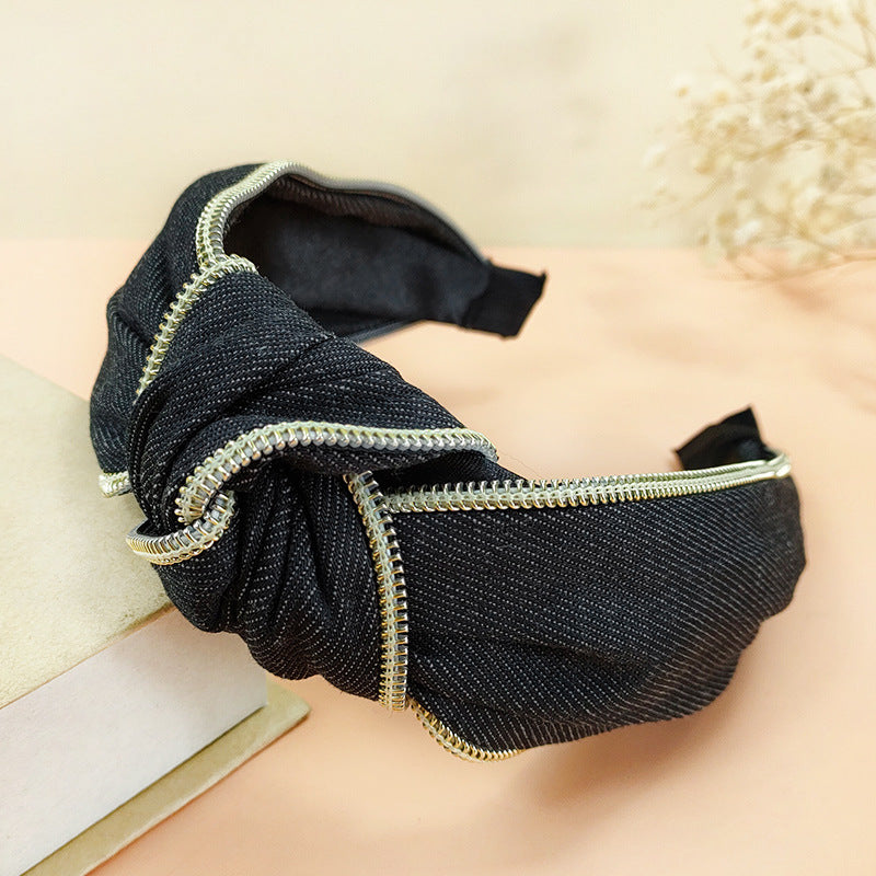 Wholesale Denim Wide Brim Fabric Zipper Headband