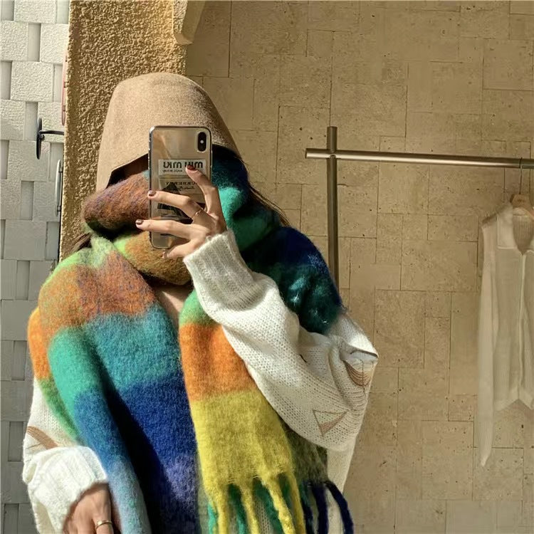 Wholesale Autumn and Winter Hoop Yarn Rainbow Plaid Warm Scarf
