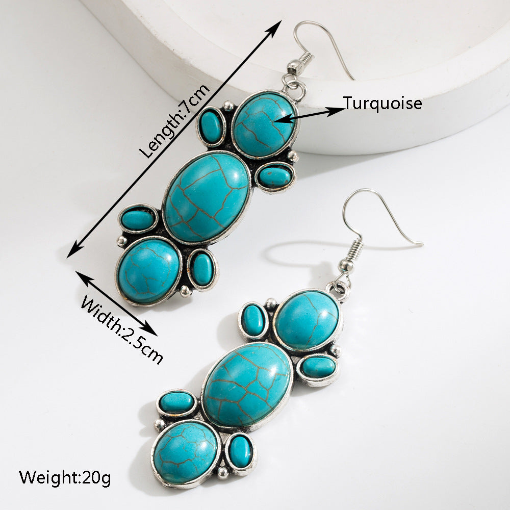 Wholesale Ethnic retro diamond turquoise geometric pendant earrings