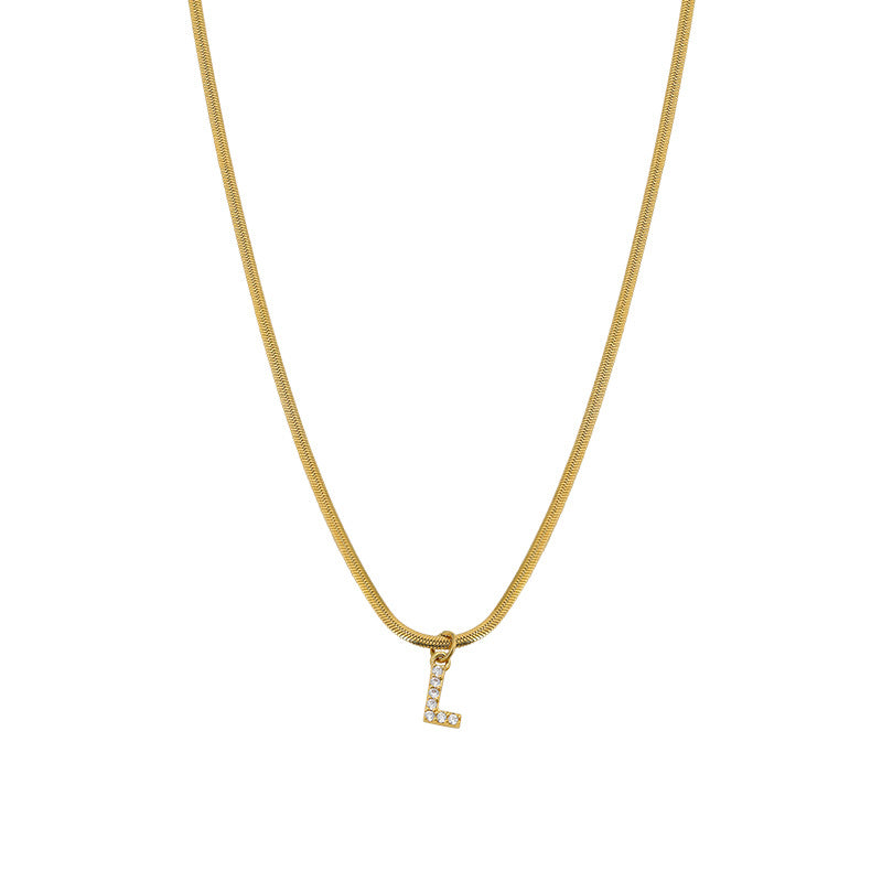 Wholesale French Retro Palace Style Flat Snake Bone Stacking Diamond 26 Letter Titanium Steel Clavicle Chain Necklace