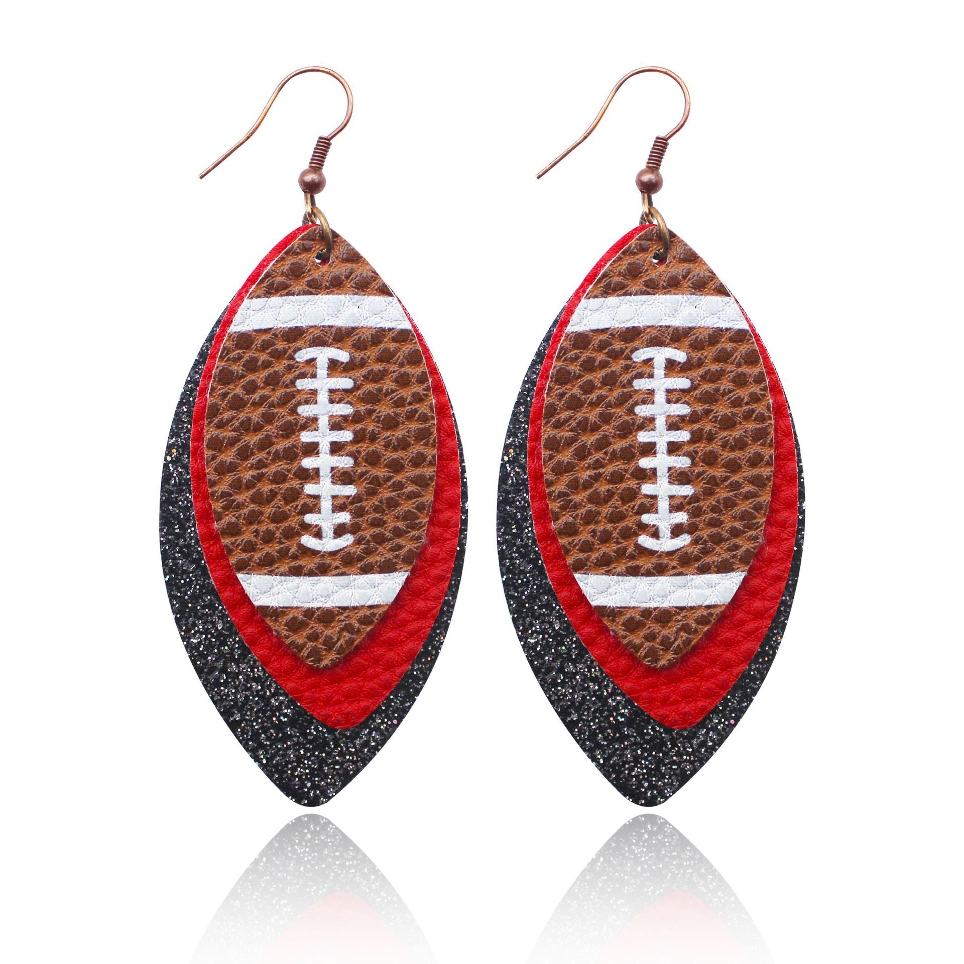 Wholesale Sports Style Rugby Brown Leopard Print Leaf Three-layer Leather Dot Diamond Rugby Earrings