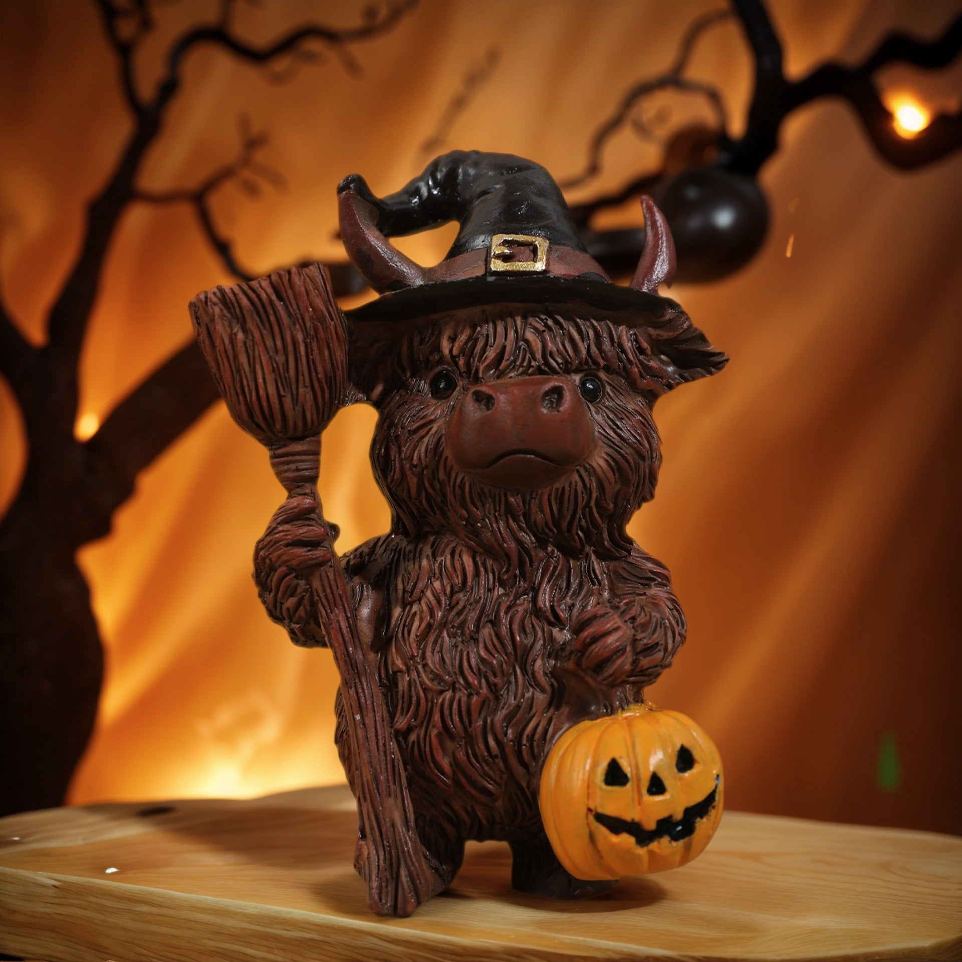 Wholesale Cute Witch Highland Cow Resin Figurine  Christmas Home Decor Gift