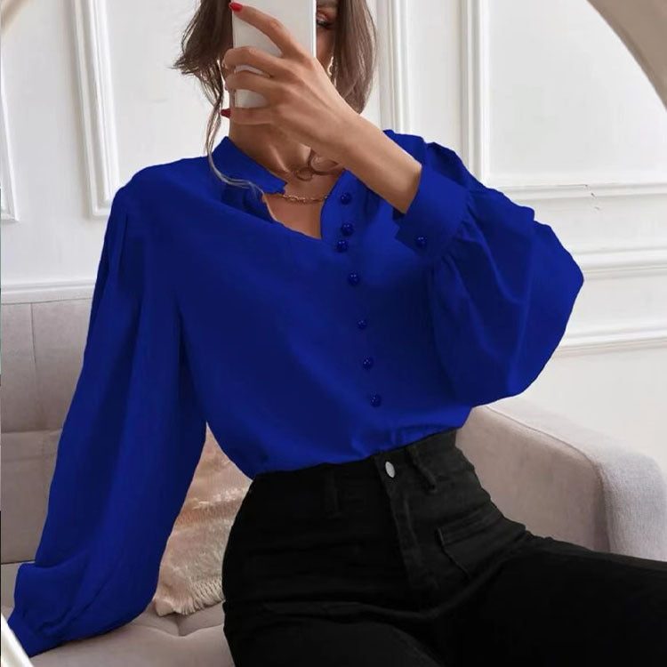 Wholesale New Elegant Solid Lapel Long Sleeve Single-breasted Loose Blouse with Solid Lapels