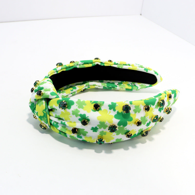 Wholesale Diamond Check Headband Retro Wide-rim Printed Plant Clover Knotted Headband Holiay Hair Accessories