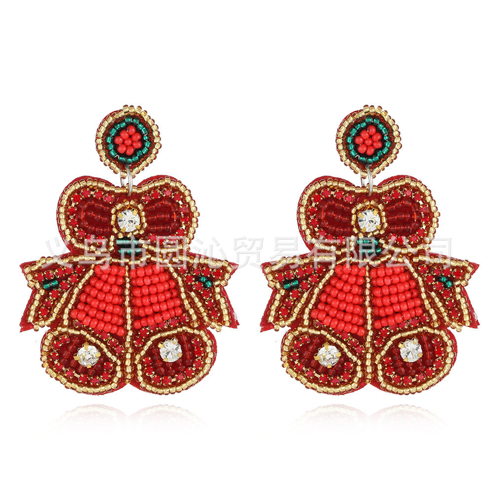 Wholesale Christmas Fabric Felt Christmas Tree Elk Snowman Handmade Rice Bead Earrings