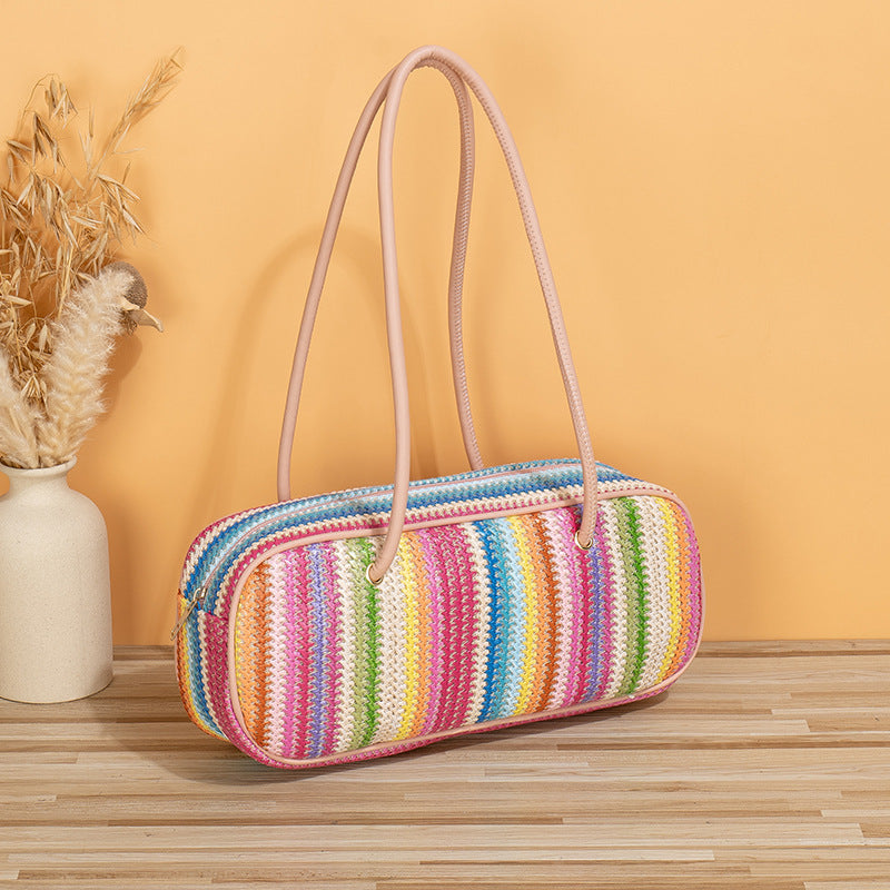 Wholesale 2023 Trendy Rainbow Large Capacity Grass Woven Beach Bags