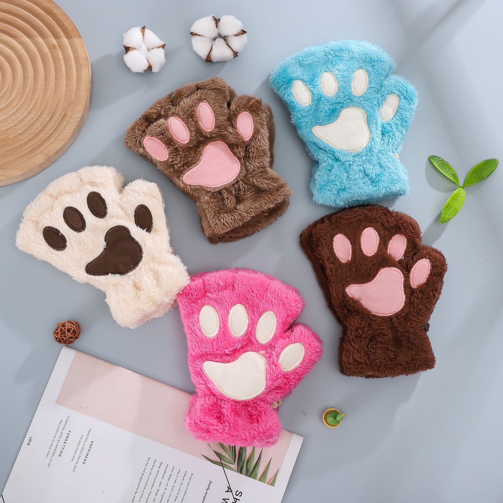 Wholesale Winter Fingerless Thickened Bear Paw Plush Half Finger Gloves
