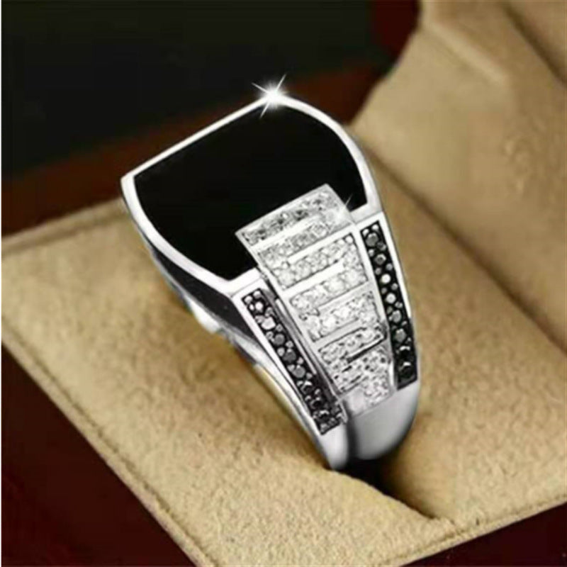 Wholesale Gold Wide Faced Black Diamond Metal Men's Rings