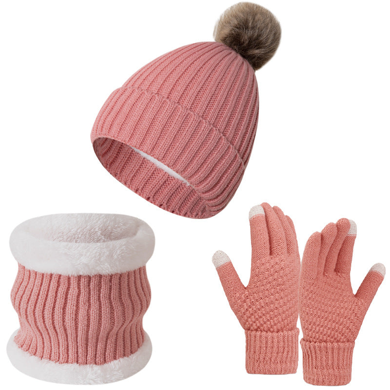Wholesale Knitted Wool Warm Plus Velvet Thick Winter Scarf Gloves Hat Neck Three-piece Set