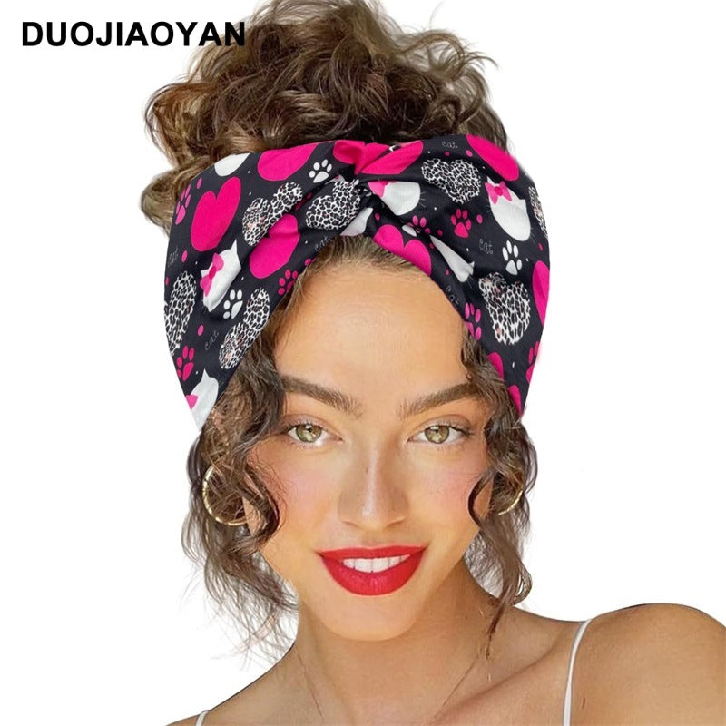 Wholesale Valentine's Day Printed Heart Elastic Cross Hairband