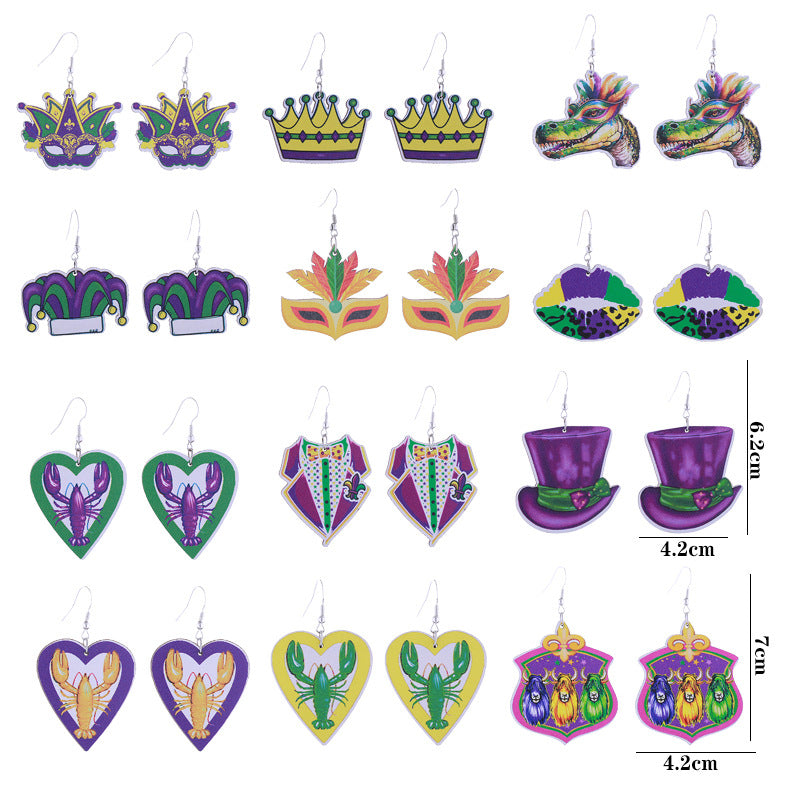 Wholesale Colorful Carnival Crocodile Lobster Crown Mask Wooden  Mardi Gras Earrings
