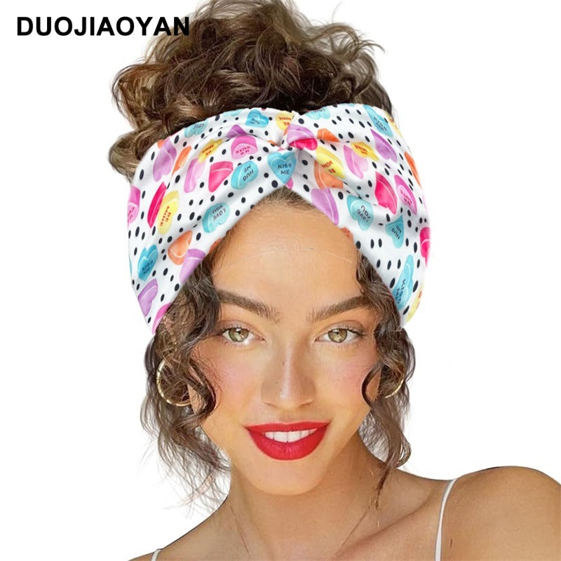 Wholesale Valentine's Day Printed Heart Elastic Cross Hairband