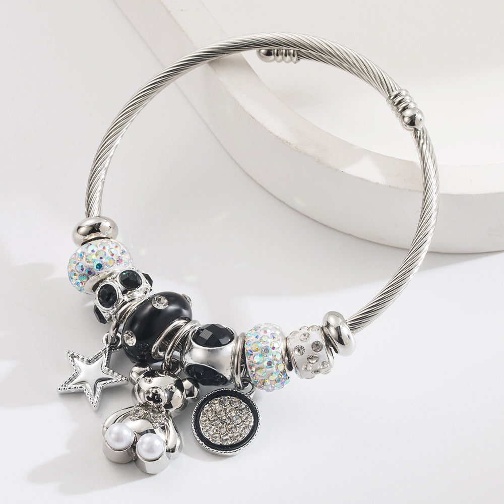 Wholesale  New Style Personalized Creative DIY Bear Star Round Stainless Steel Bracelet Alloy Diamond Adjustable Bracelet