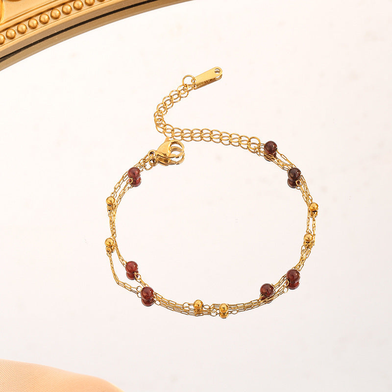 Wholesale Titanium Steel Gold Chain Wine Red Bead Necklace French Retro Style Fashion Jewelry Accessory For Gift Boutique Resale