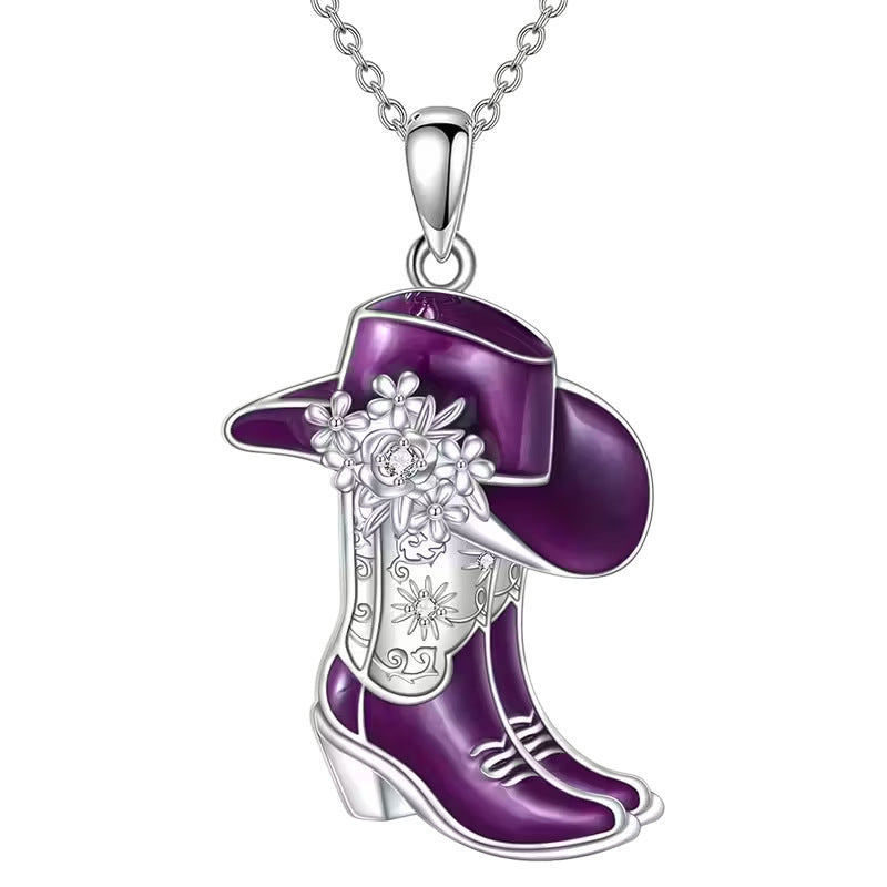 Wholesale Western style purple cowboy boot pendant necklace