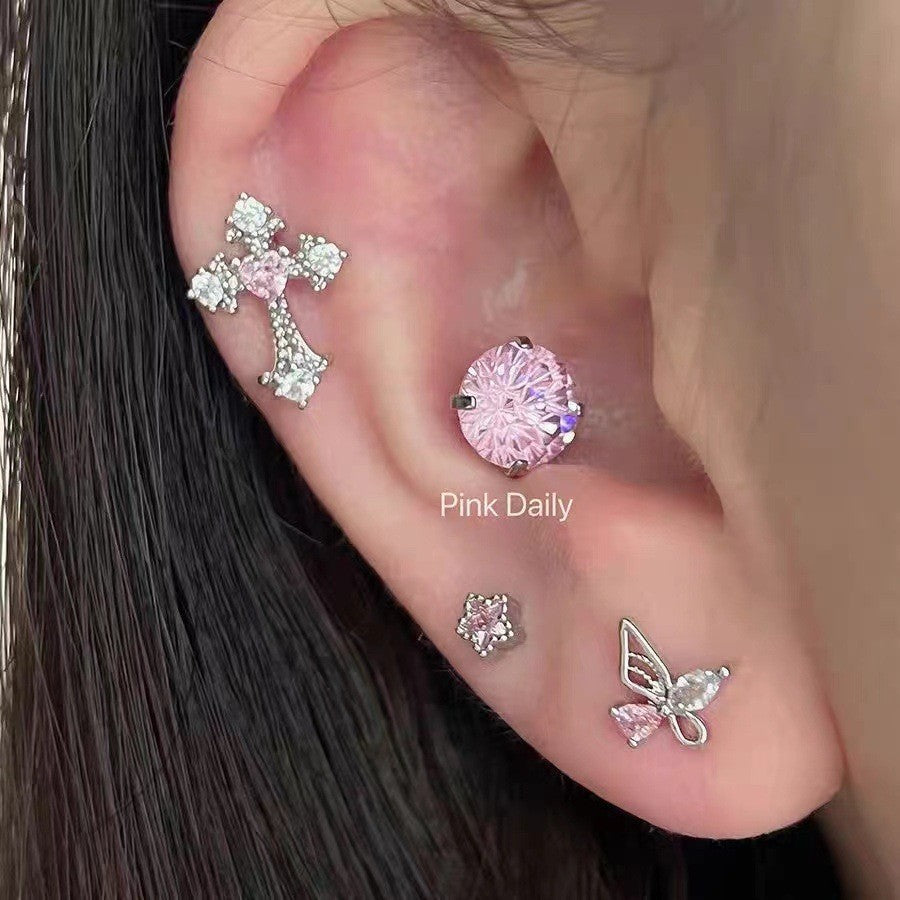 Wholesale Pink zircon cross ear bone studs titanium steel butterfly earrings