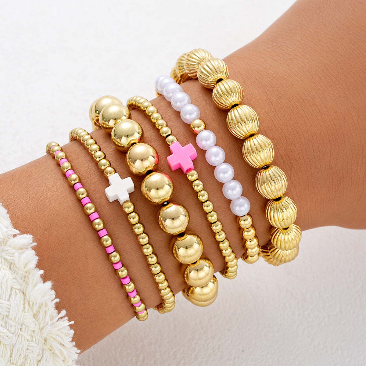Wholesale Colorful Fashion Dopamine Cross Pearl Bracelet 6-piece Set