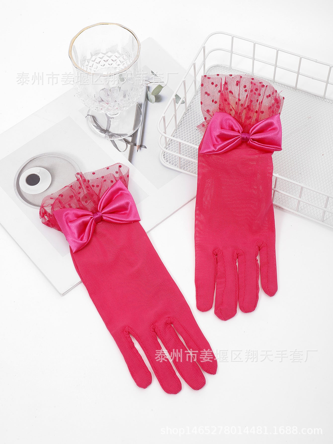 Wholesale Polka dot mesh black lace bow gloves