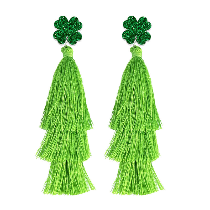 Wholesale St. Patrick's Green Festive Atmosphere Multi-layered Tassel Four-leaf Clover Earrings
