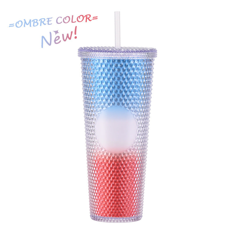 Wholesale Double-layer Plastic 710ml Durian Prick Hand Luminous Color Changing Rainbow Gradient Straw Cup