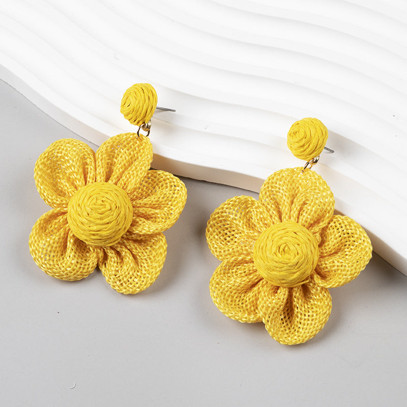 Wholesale Raffia Fabric Woven Elegant Flower Earrings