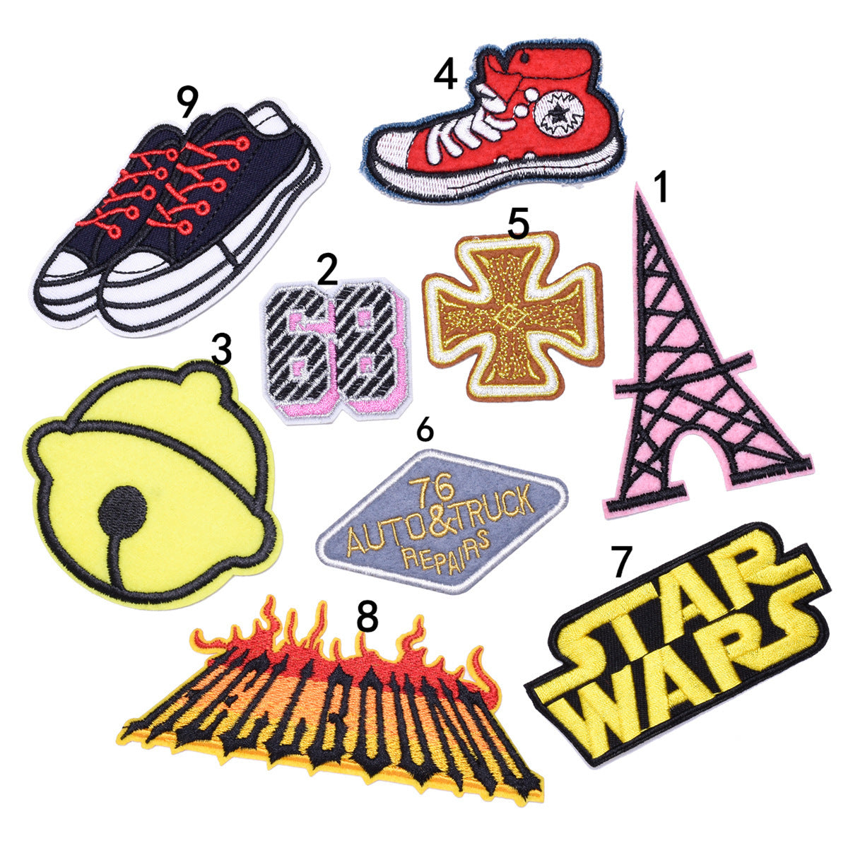 Wholesale Cute Cartoon Embroidered Fabric Patches With Bells 9 Piece Set For Coat Decoration DIY Clothing Craft Supply