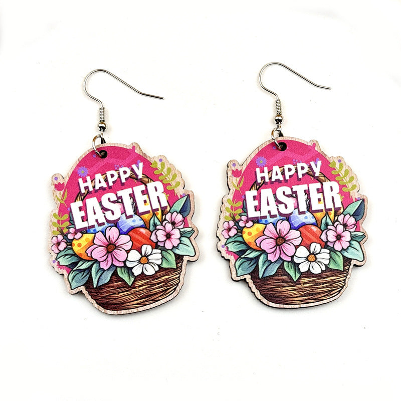 Wholesale Easter colorful egg balloon basket Happy Easter wooden earrings