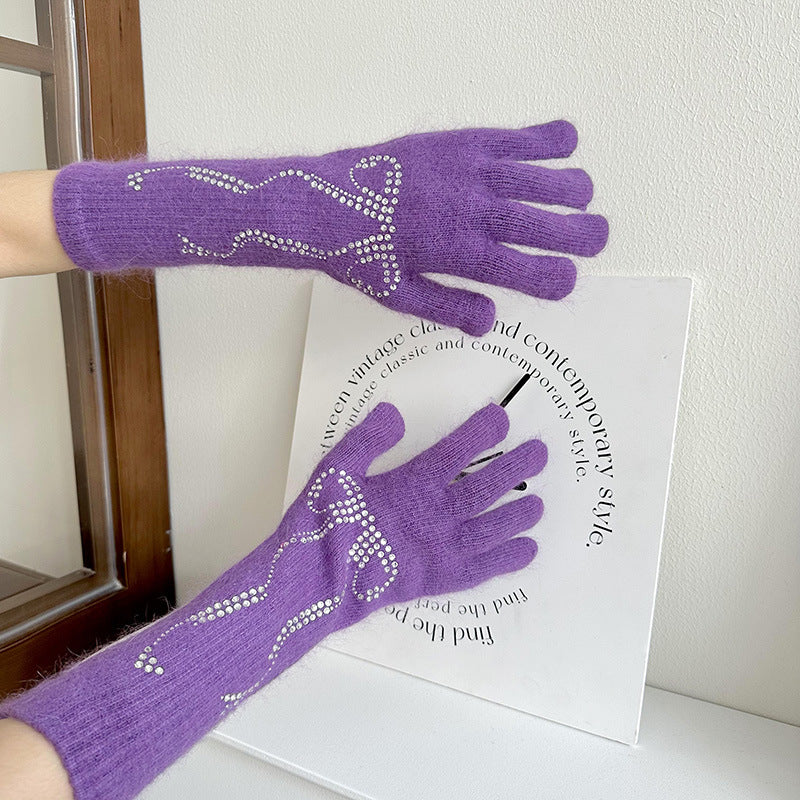 Wholesale Bright Diamond Bow Knit Long Touch Screen Warm Split Finger Gloves