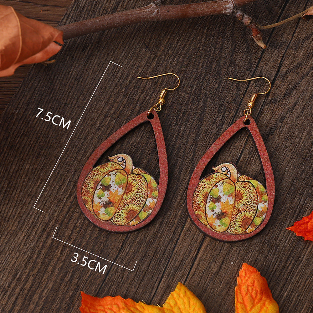 Thanksgiving Leopard Print Pumpkin Wooden Double-Sided Teardrop Earrings
