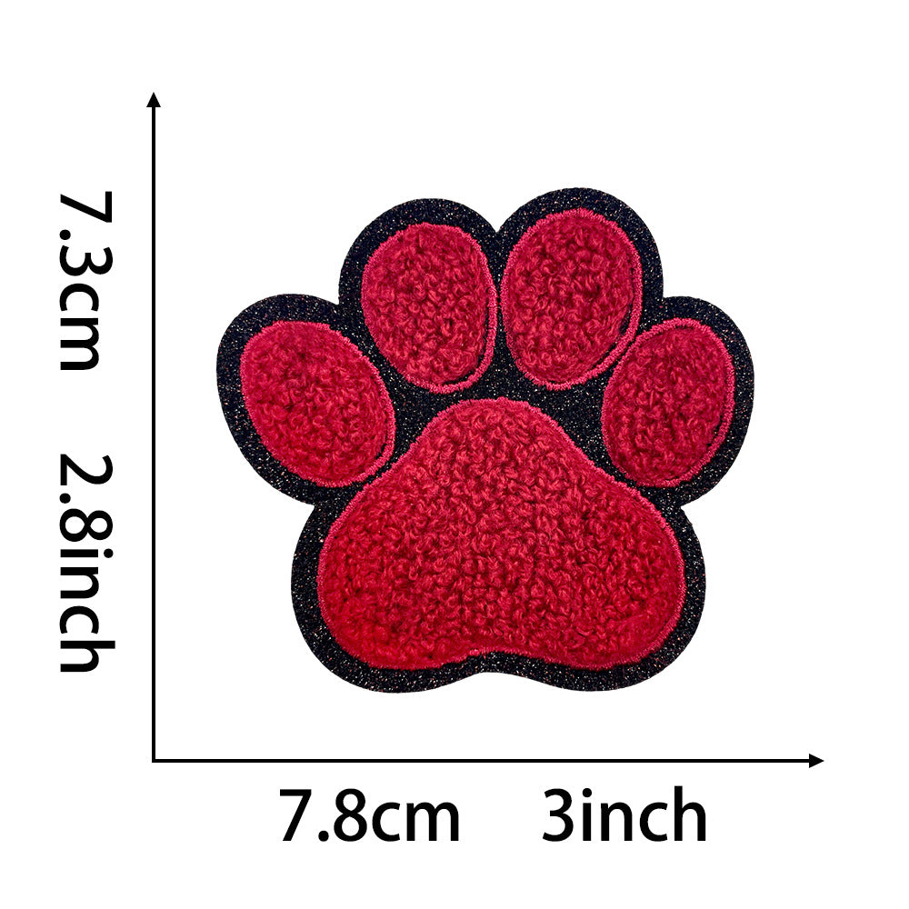 Wholesale Dog Paw Glitter Chenille Embroidered Patch Heat Activated DIY Applique For Shoes Hats And Pet Decor