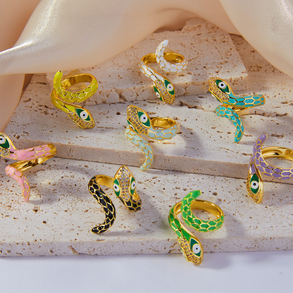 Wholesale  New All-match Color Oil Dripping Ins Wind Finger Ring Copper Gold Plated Diamond Three-dimensional Snake-shaped Winding Open Ring