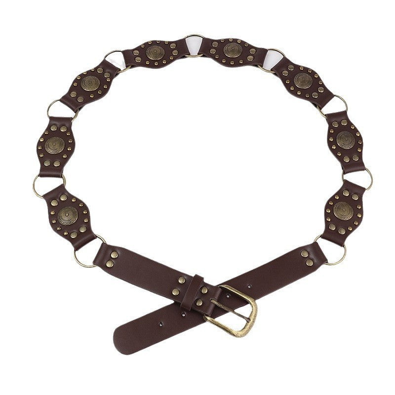 Wholesale Hot Girl Subculture Disc Hook Imitation Leather Retro Rivet Stitching Gold Waist Wide Belt