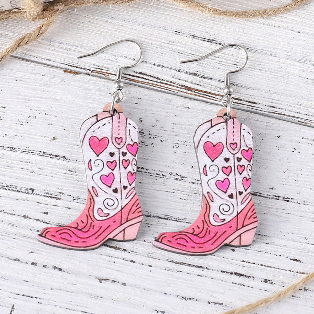 Wholesale Western style pink heart tassel cowboy boots pendant wooden double-sided earrings
