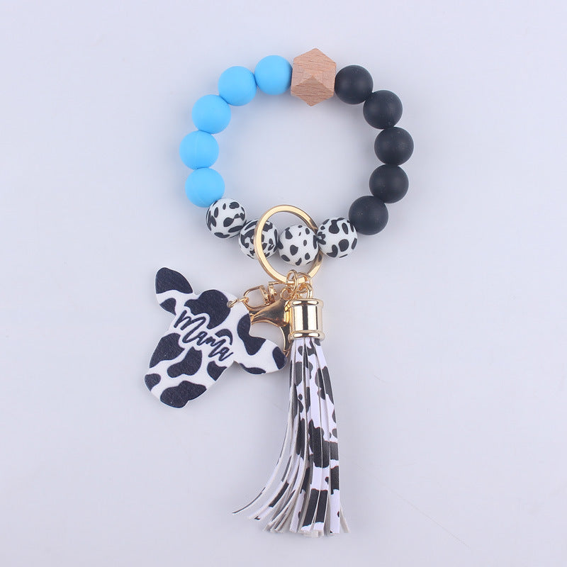 Wholesale MAMA Wood Chips Cow Head Western Style Silicone Beads Wrist Keychain