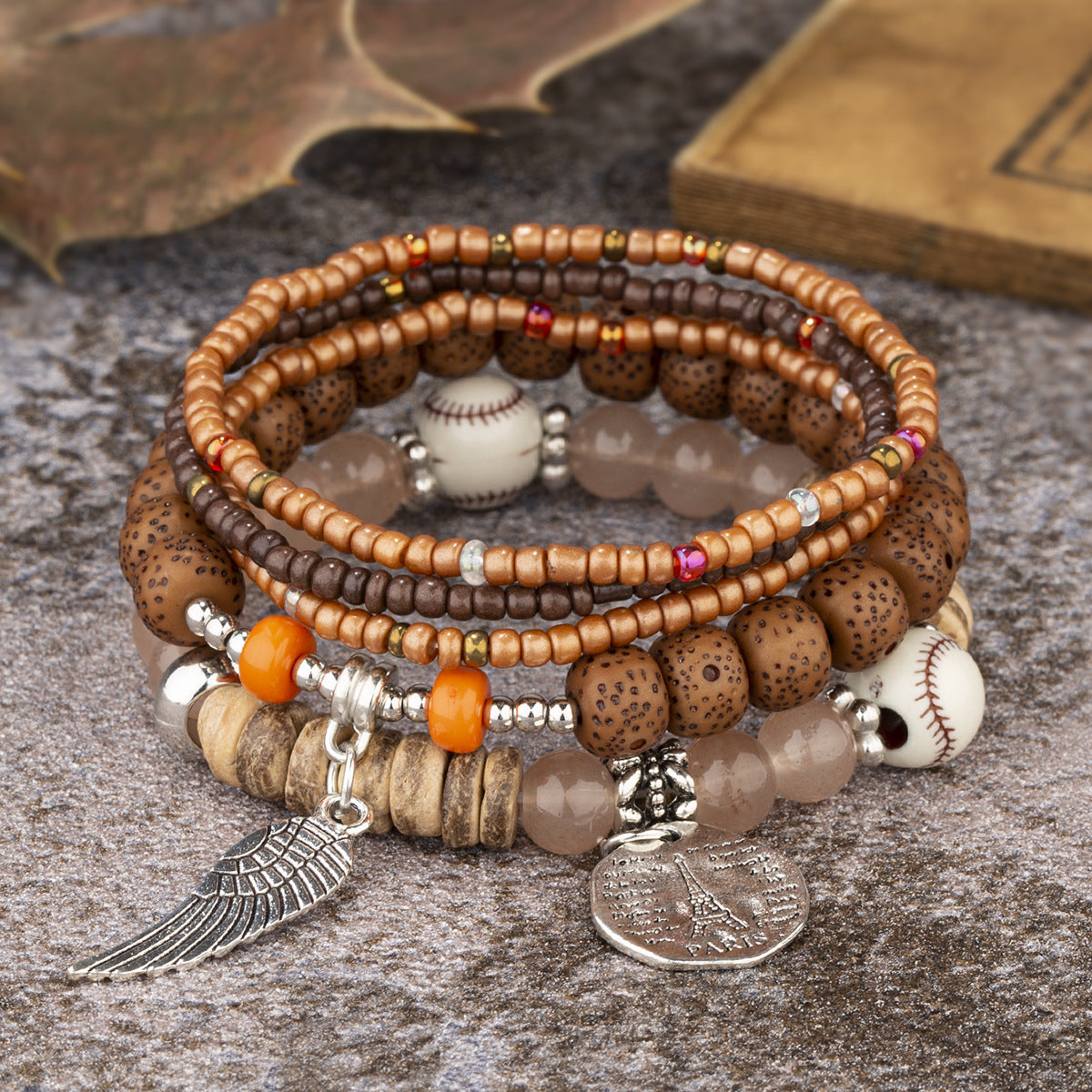 Wholesale Bohemian Ethnic Style Angel Wings Letter Alloy Pendant Beaded Bracelet Five-piece Set