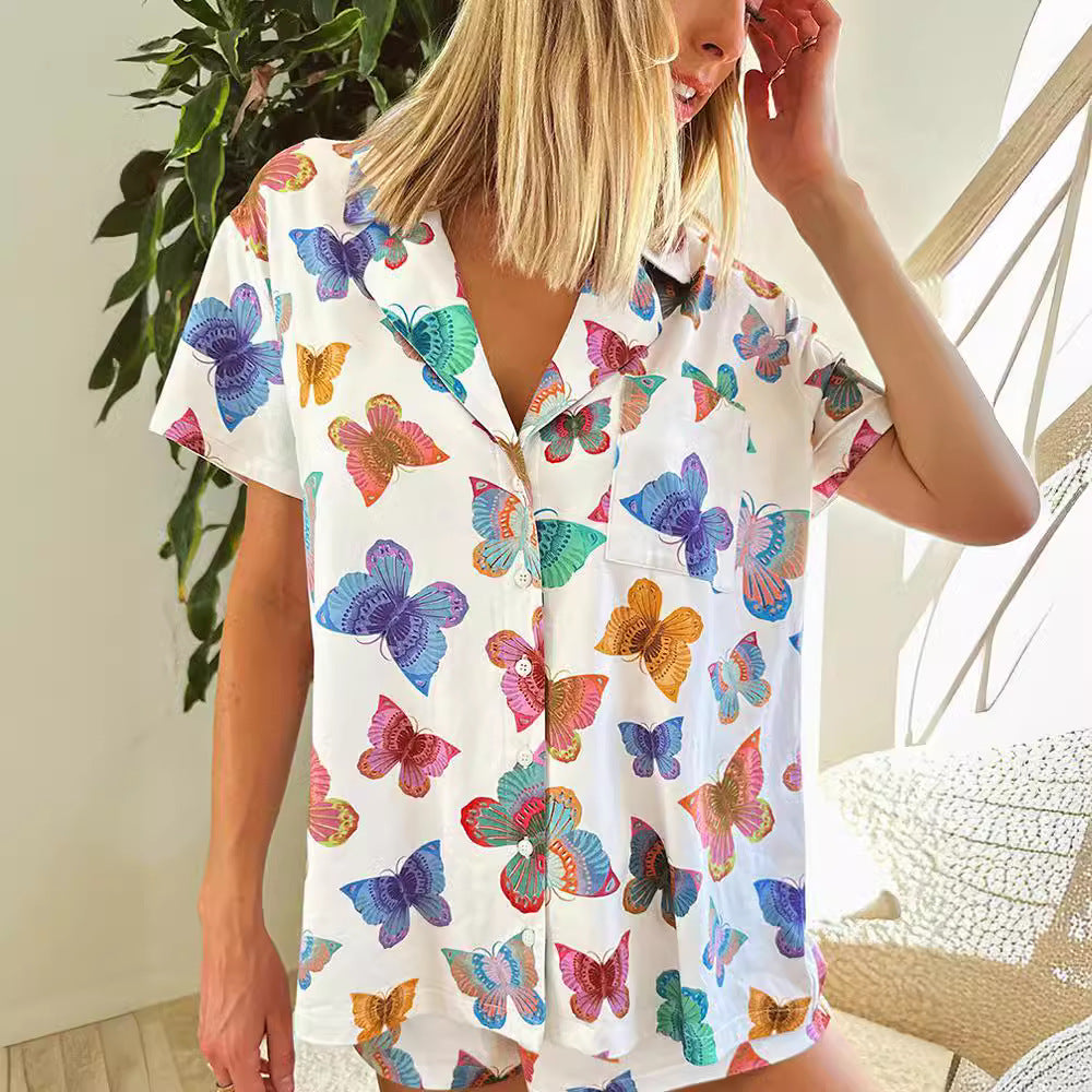Wholesale Butterfly Print Short Sleeve Shorts Home Wear Set