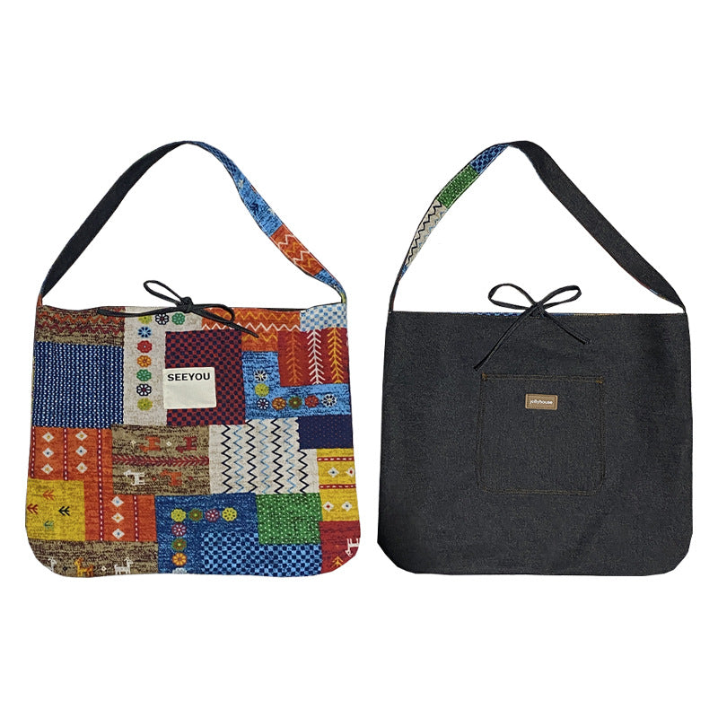 Wholesale Denim non-fading spring and summer ethnic style patchwork bag shoulder bag large capacity messenger bag double bag