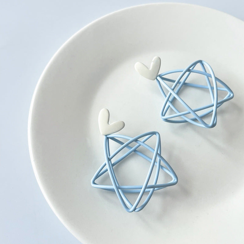 Wholesale Blue hollow five-pointed star silver needle earrings