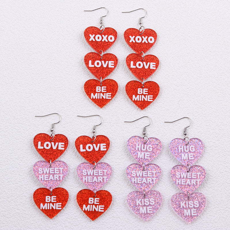 Wholesale Valentine' s Day Flash Three in One Heart Letter Acrylic Earrings