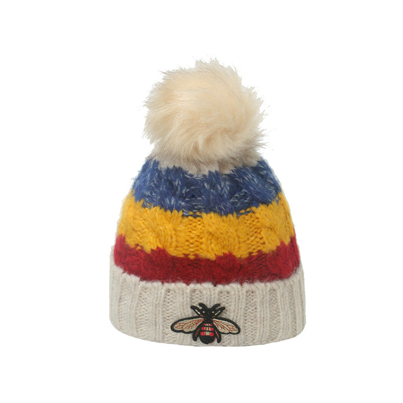 Wholesale Autumn and Winter Thickened Warm Striped Bee Knitted Hat for Women
