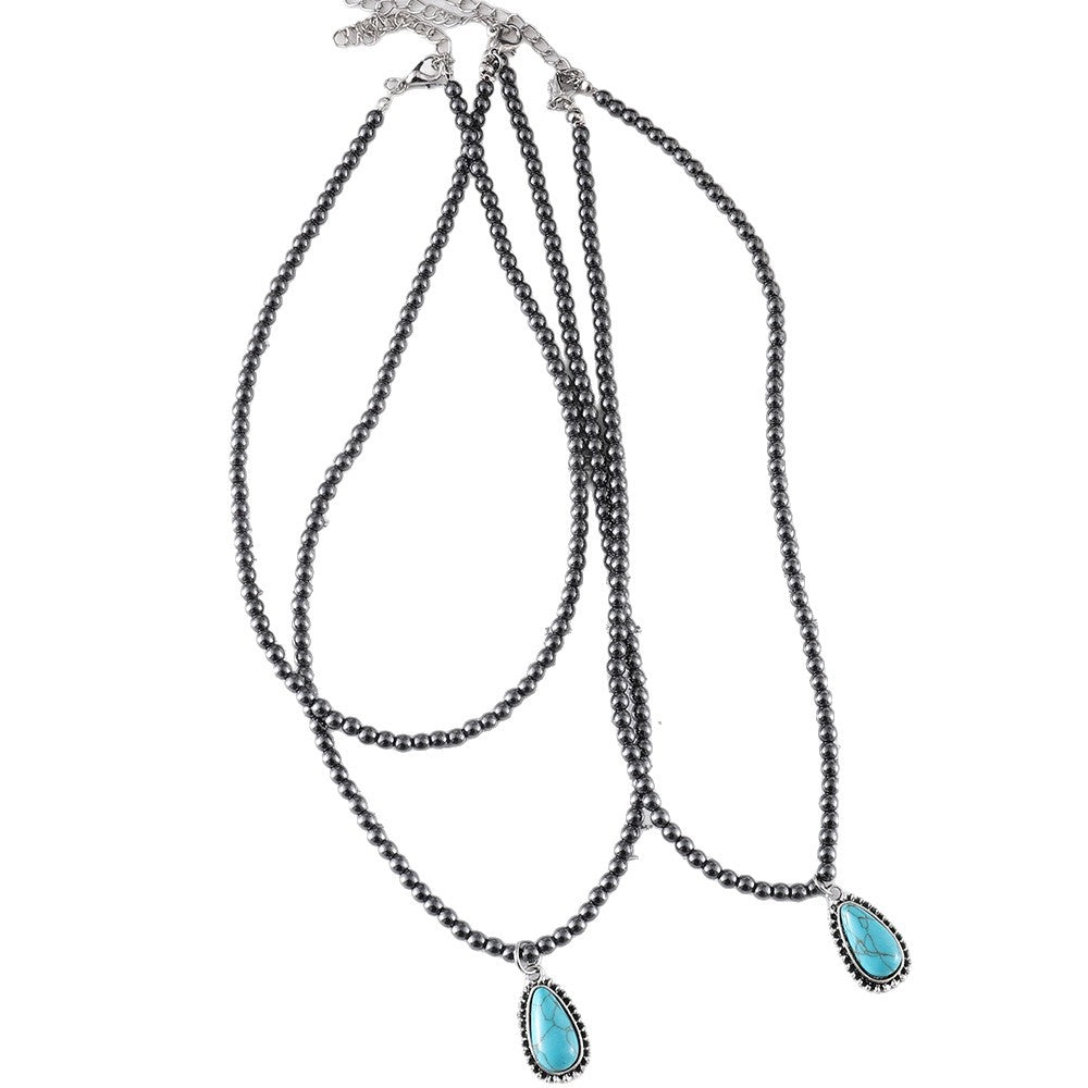 Wholesale Bohemian ethnic style three-layer teardrop-shaped turquoise black round bead necklace popular jewelry
