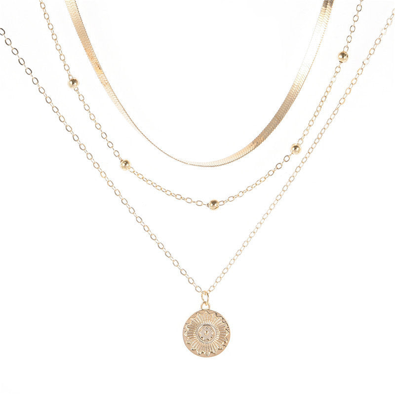 Wholesale Simple Multi-layer Lotus Pendant Gold Bead Disc Blade Chain Necklace Chain