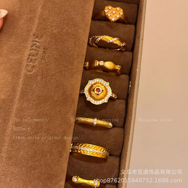 Wholesale Gold Zircon Heart Brushed Ring Women' s Unique Exquisite Food Ring